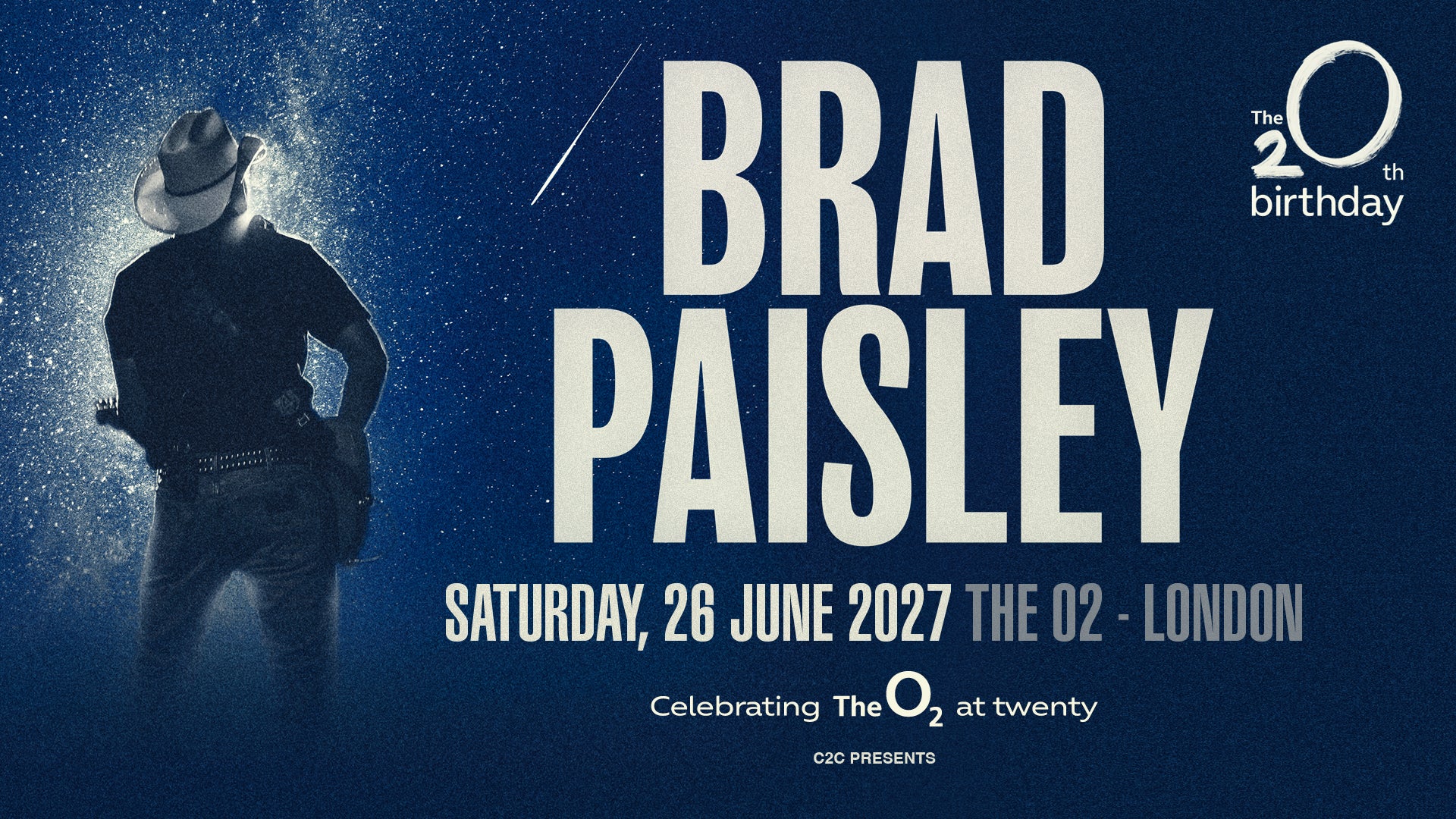 Brad Paisley at The O2 in London on June 26, 2027 — official concert artwork