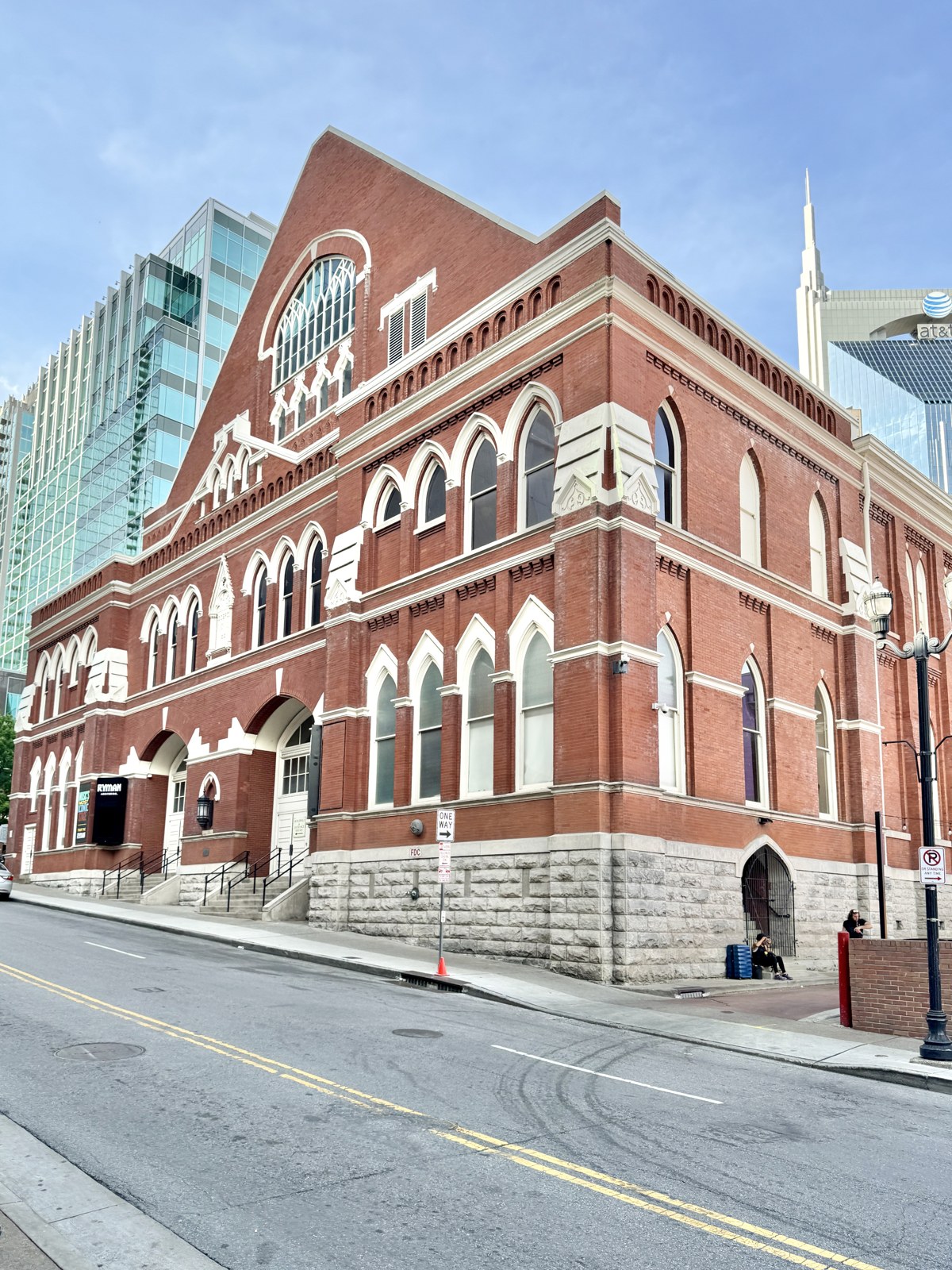 The red-brick Gothic Revival exterior of Ryman Auditorium in Nashville.
